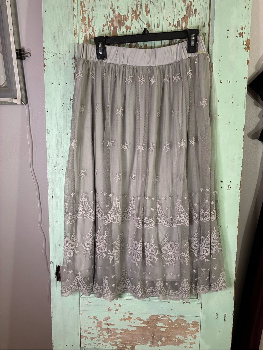 indigo soul Gray lace Embroidered A-Line Midi Skirt - Picture 2 of 6